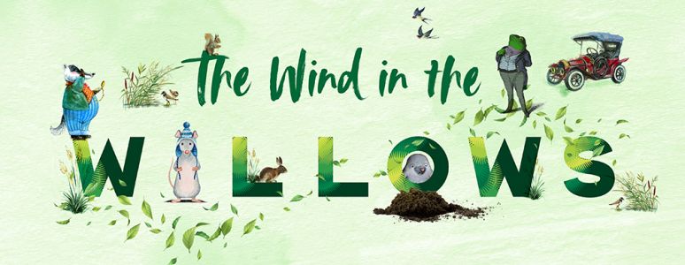the words wind in the willows on a green background with animal characters