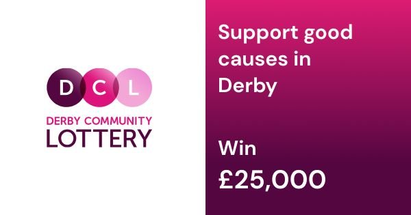 Graphics advertising the Derby Community Lottery