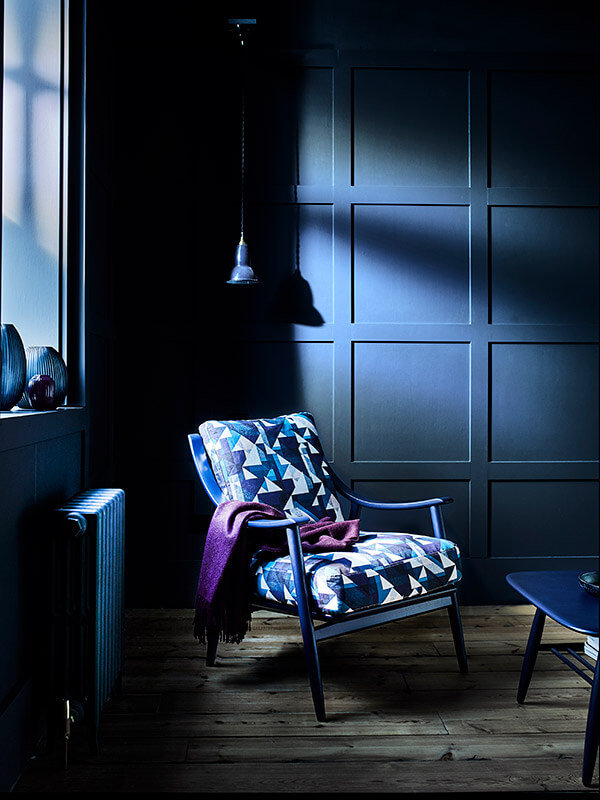 ercol Marino chair in indigo finish and Flock Kiso fabric ercol Marino chair in indigo finish and Flock Kiso fabric