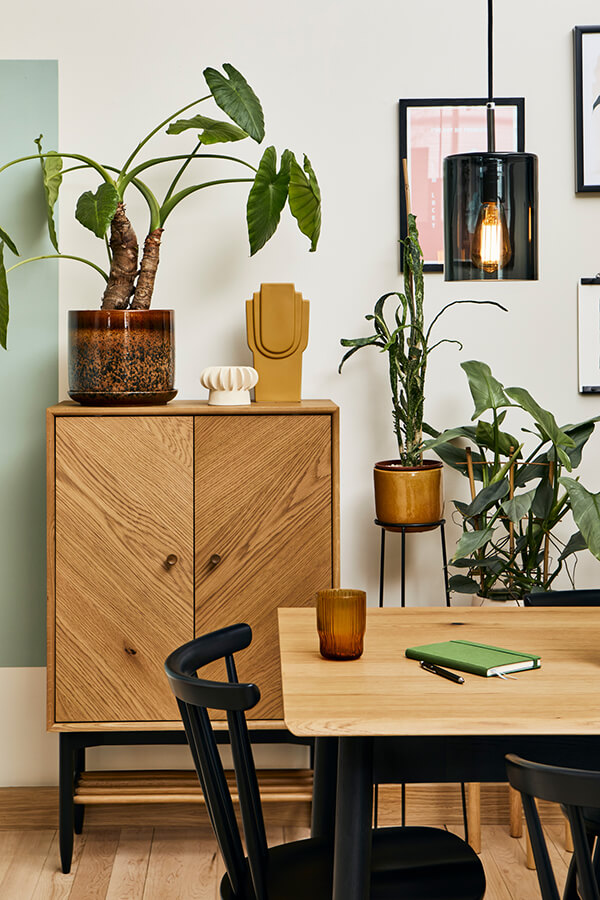 Photography: Beth Davis www.beth-davis.co.uk A cropped image of a Monza dining table and Heritage chair in front of a Monza universal cabinet