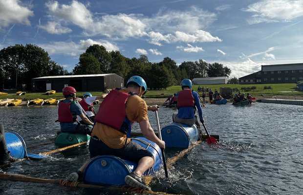 group raft building in the sun