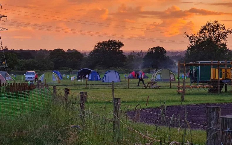 Tents in the Bluebells fields at sunset on an Ice cream Getaway