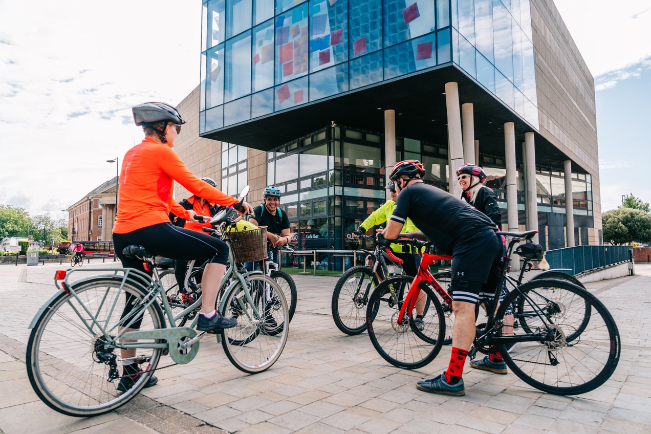 Cyclists gathered outside Derby QUAD