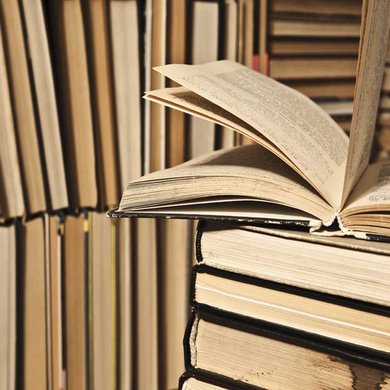 Close up of stack of books