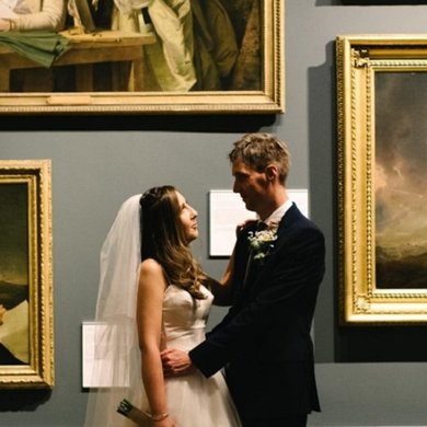 Bride and Groom being photographed in the Derby Museum and Art Gallery