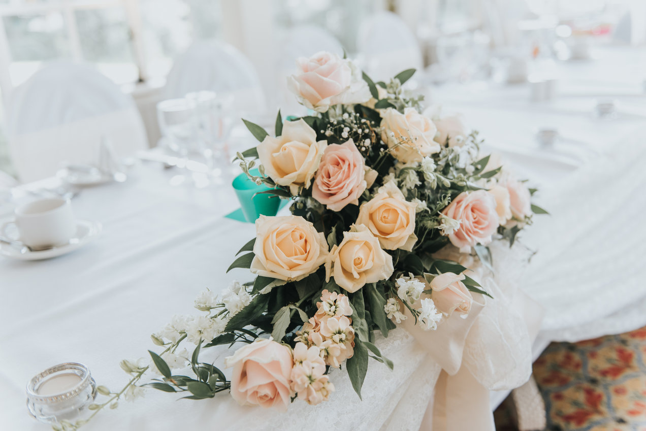 Close up of wedding bouquet on table