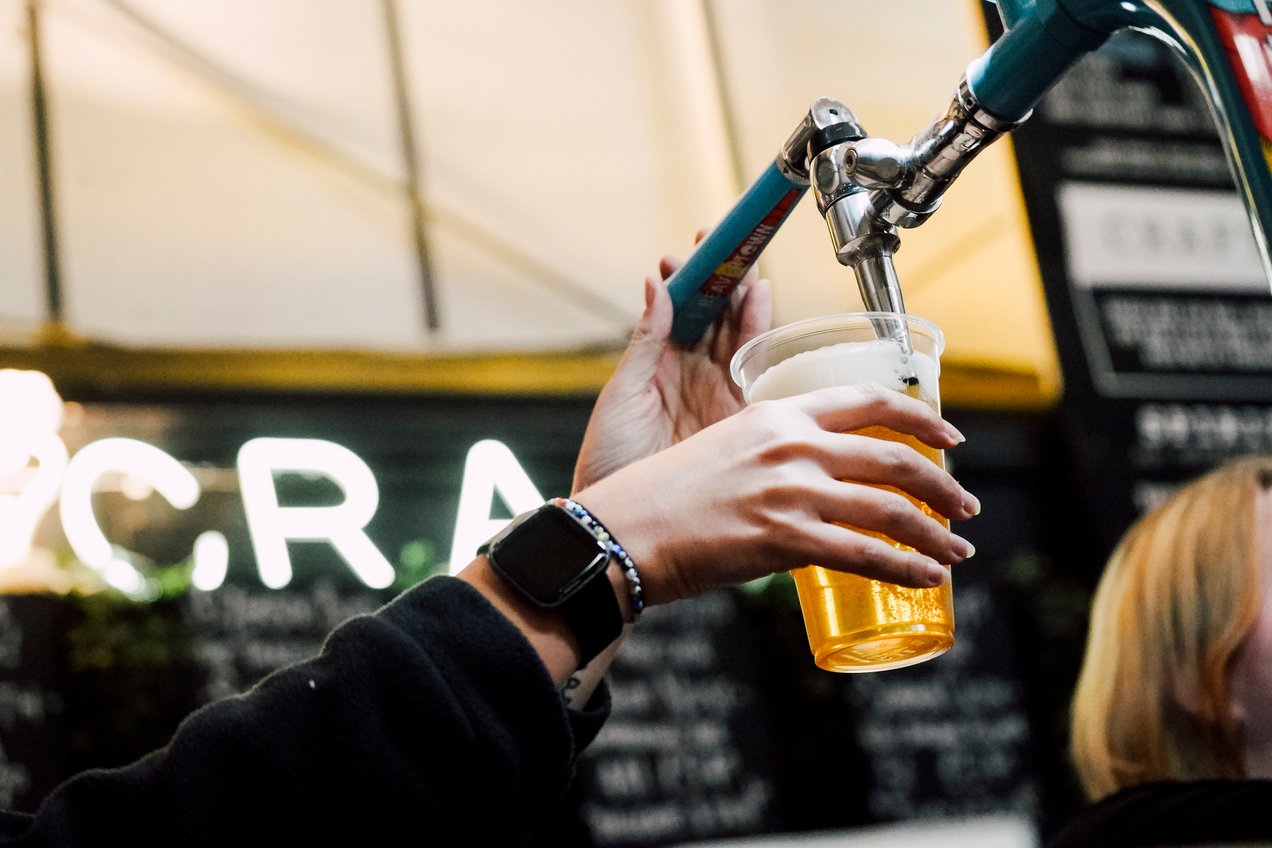 Close up of pint being poured at Bustler Market Derby