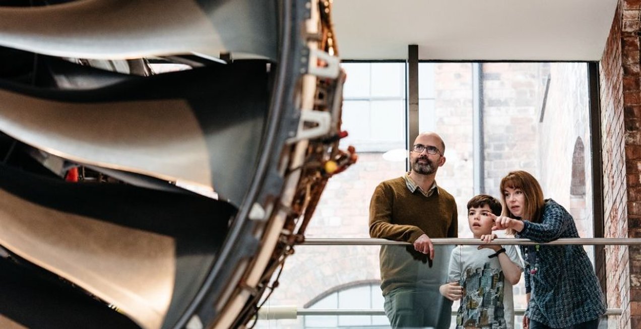 A family admire the Rolls Royce Trent 1000 Engine at the Museum of Making