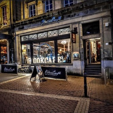The Bookcafe Derby exterior at night