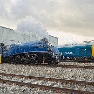 The Greatest Gathering Launch  – (left to right) Class 390 Pendolino (390200), LNER Class A4 (60007) ‘Sir Nigel Gresley’, Class 50 (50049) ‘Defiance’, Merchant Navy Class (35018) ‘British India Line’, and Class 37 (37800), ‘Cassiopeia’