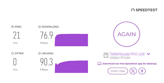 speed test result showing ping rate in milliseconds