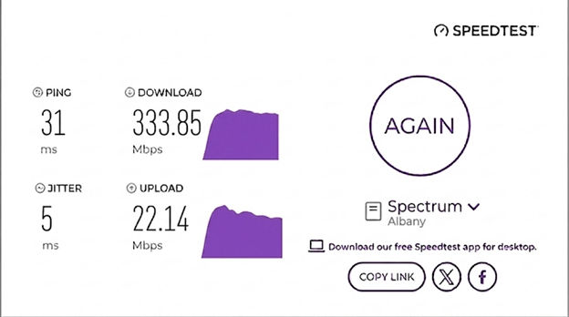 verified speed test from a Spectrum Internet user in Albany, NY