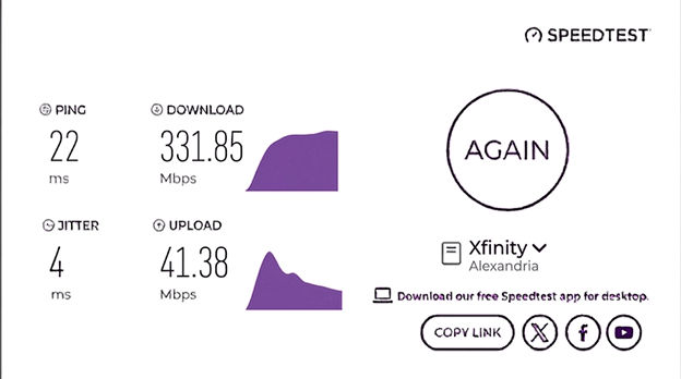 verified speed test result from an Xfinity user in Alexandria, VA