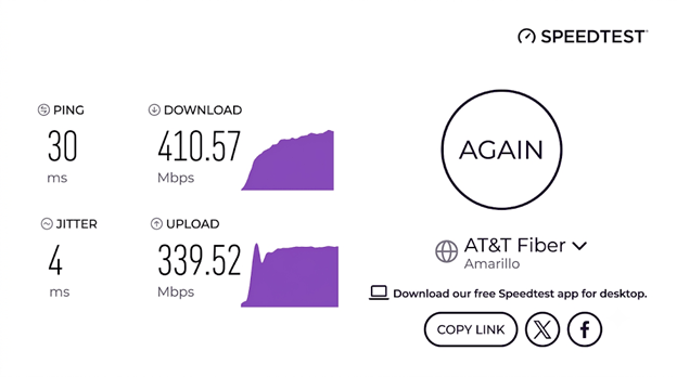 verified speed test result from an AT&T Fiber user in Amarillo, TX