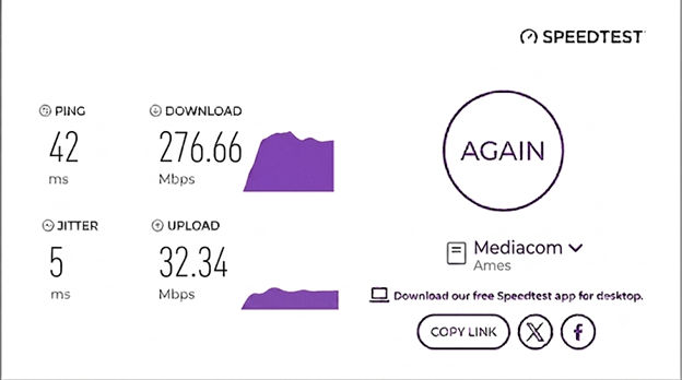 verified speed test result from a Mediacom user in Ames, IA