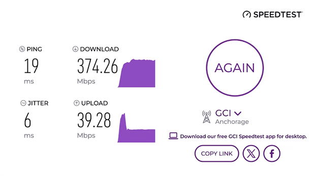 verified speed test result from a GCI user in Anchorage, AK