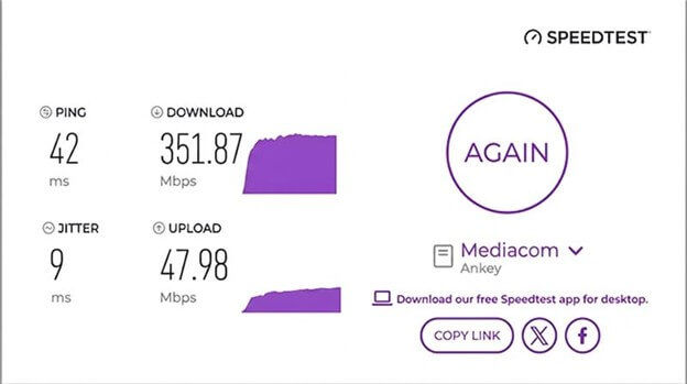 verified speed test result from a Mediacom Internet user in Ankeny, IA