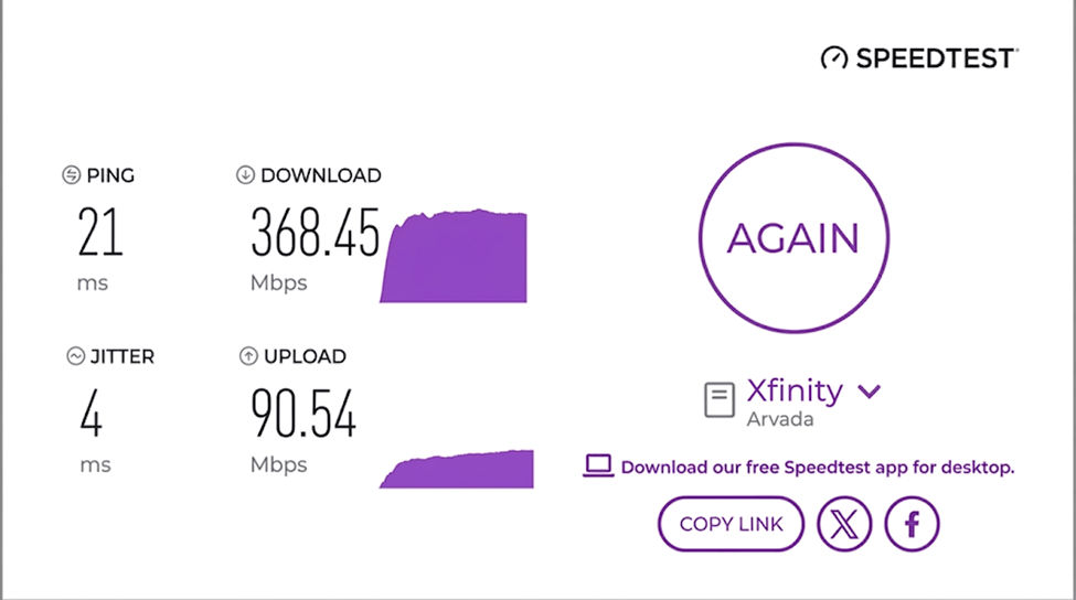 verified speed test result from an Mediacom user in Arvada, CO