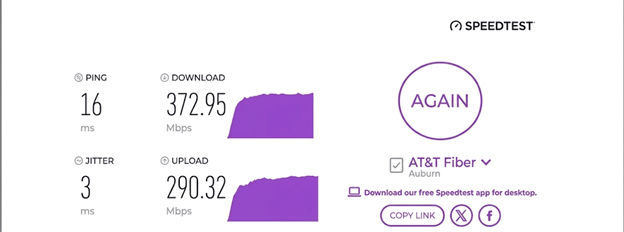 verified speed test result from an AT&T Fiber user in Auburn, AL