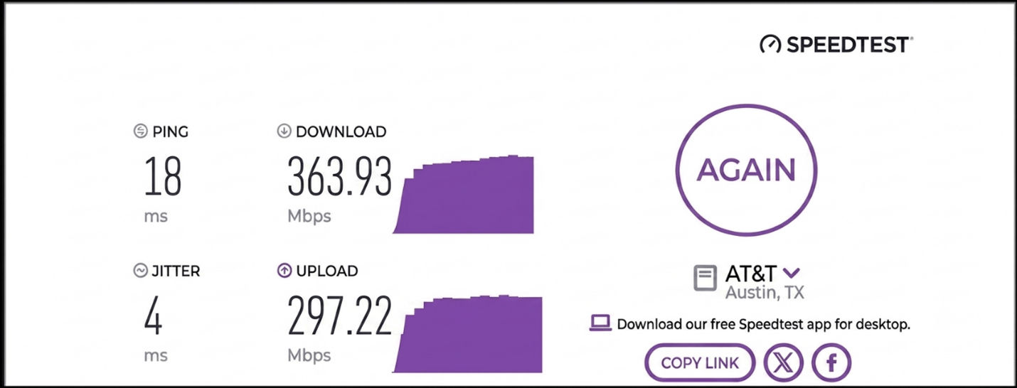 verified speed test result from an AT&T user in Austin, TX