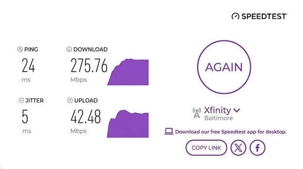 verified speed test result from an Xfinity Internet user in Baltimore, MD