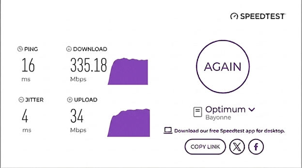 verified speed test result from a Optimum Internet user in Bayonne, NJ