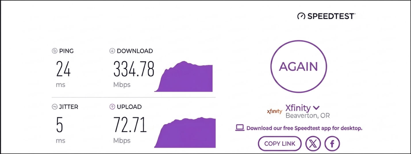 verified speed test result from an Xfinity user in Beaverton, OR
