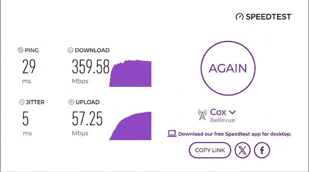 verified speed test result from a Cox user in Bellevue, NE