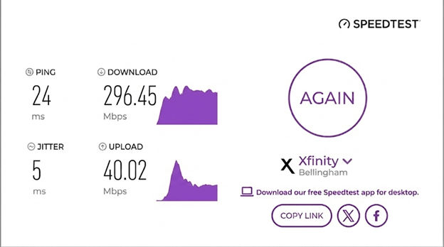 verified speed test result from an Xfinity user in Bellingham, WA