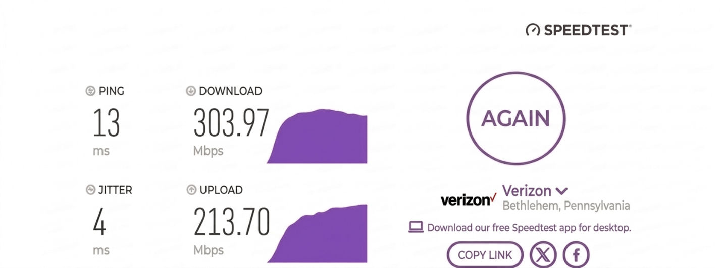 verified speed test result from a Spectrum Internet user in Bethlehem, PA
