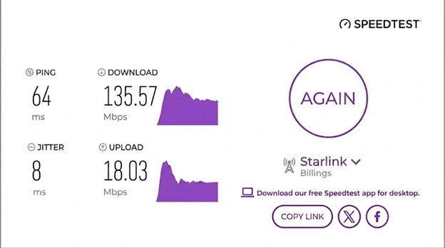 verified speed test result from a Starlink internet user in Billings, MT