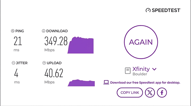verified speed test result from an Mediacom user in Boulder, CO