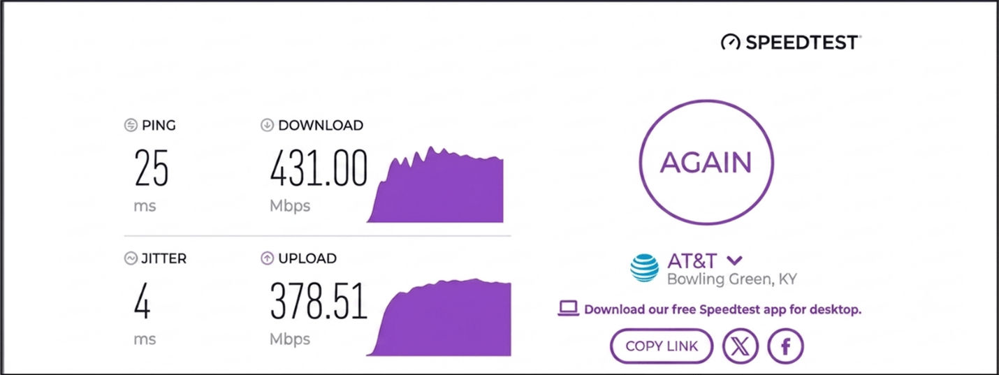 verified speed test result from an AT&T user in Bowling Green, KY