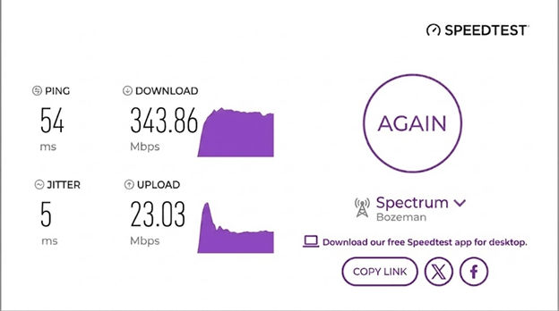 verified speed test result from a Spectrum Internet user in Bozeman, MT
