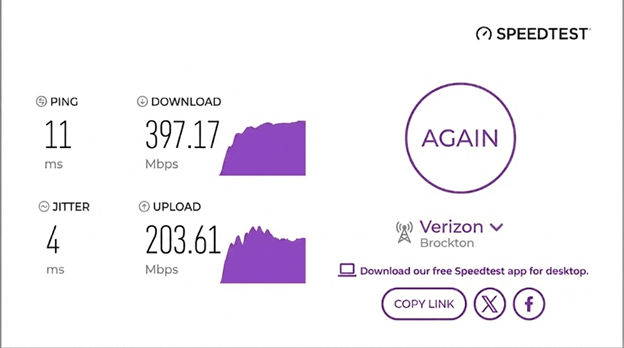verified speed test result from a Verizon user in Brockton, MA