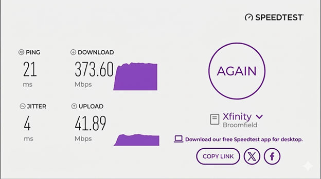 verified speed test result from an Mediacom user in Broomfield, CO