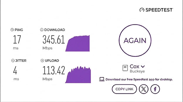 verified speed test result from a Cox Internet user in Buckeye, AZ
