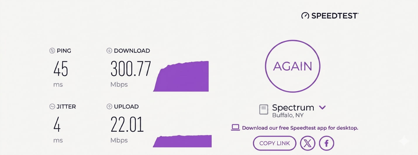 verified speed test result from a Spectrum Internet user in Buffalo, NY