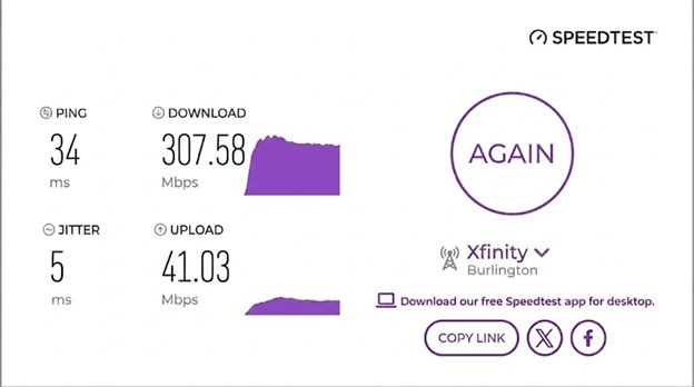 verified speed test result from an Xfinity user in Burlington, VT