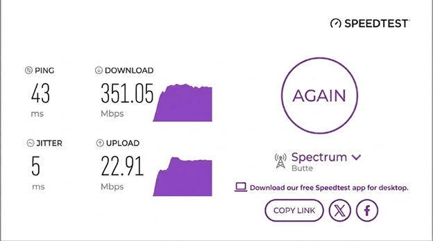 verified speed test from a Spectrum Internet user in Butte, MT
