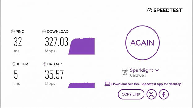 verified speed test result from a Sparklight user in Caldwell, ID