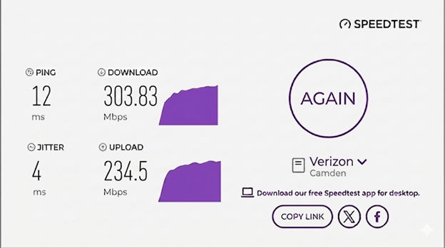 verified speed test result from a Verizon user in  Camden, NJ