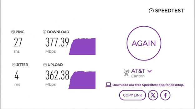 verified speed test result from an AT&T Fiber user in Canton, OH