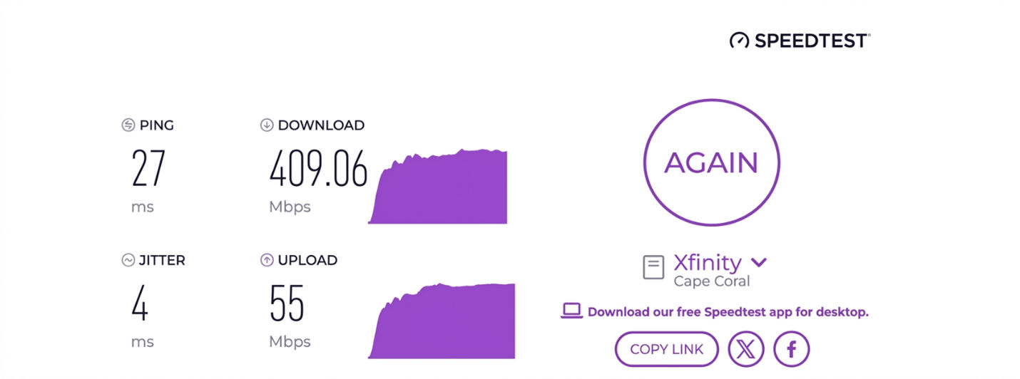 verified speed test result from an Xfinity user in Cape Coral, FL