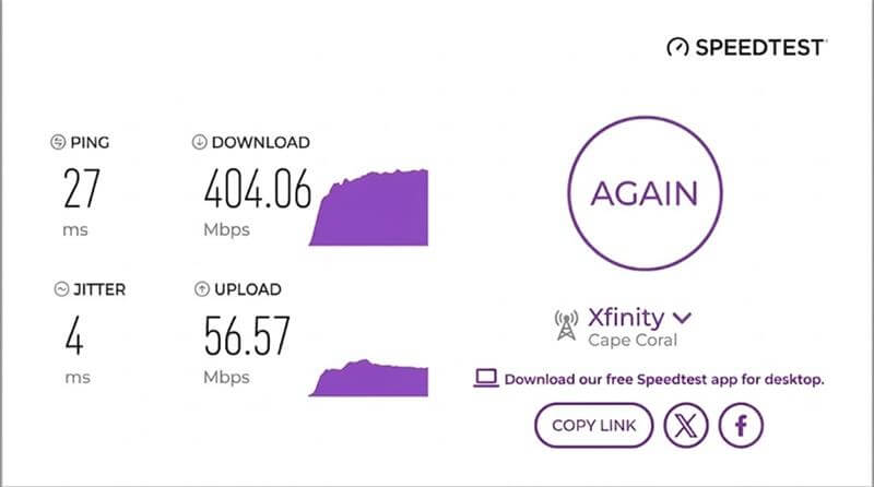 verified speed test result from an Xfinity Internet user in Cape Coral, FL