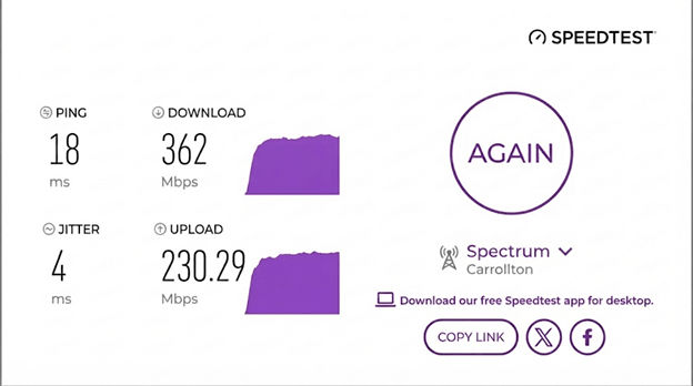 verified speed test result of a Spectrum user in Carrollton, TX