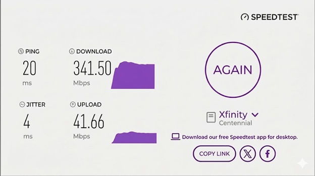 verified speed test result from an AT&T Fiber user in Centennial, CO