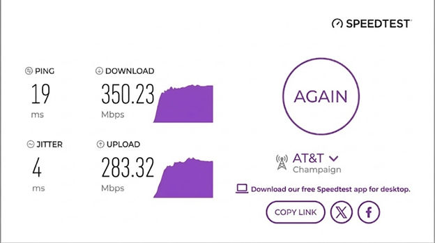 verified speed test result from an Mediacom user in Champaign, IL
