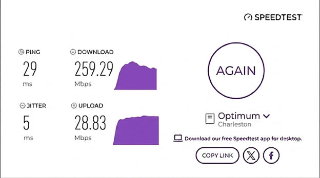 verified speed test result from an Optimum user in Charleston, WV