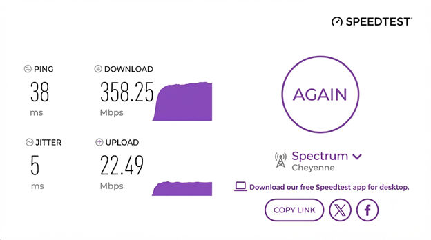 verified speed test result from a Spectrum user in Cheyenne, WY